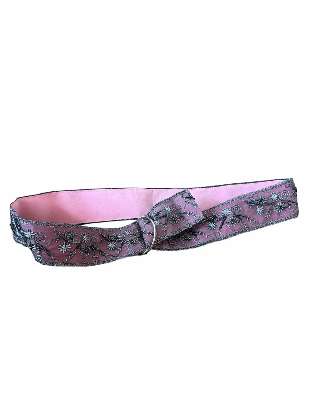 Embroidered and beaded whimsical fairy core Pink Sash Belt with Silver Ring